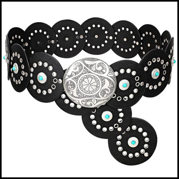 Western PU Leather Belt Concho Cowgirl Disc Waist Belt Boho Country Style